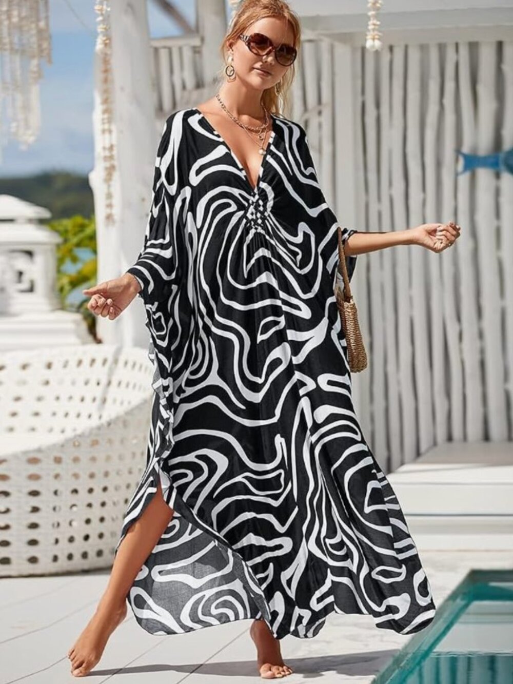 LOUSEA Viscose Black and White Abstract Print Kaftan, OS